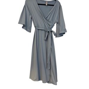 Wren & Ivory Blue Wrap Dress Bell Sleeve Pocket Surplice DS1495-DTY Large